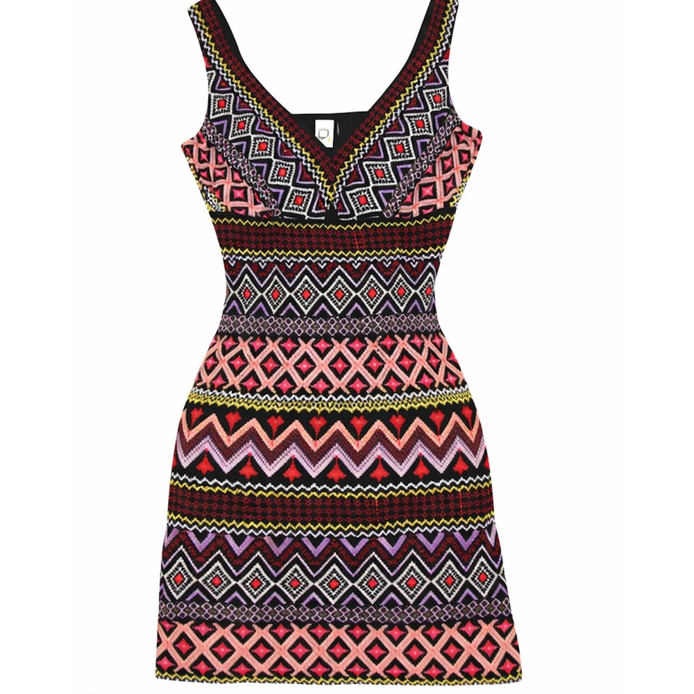 Anthropologie Akema Kim Aztec Embroider V Neck Dress 14 Indie Festival Cut Out